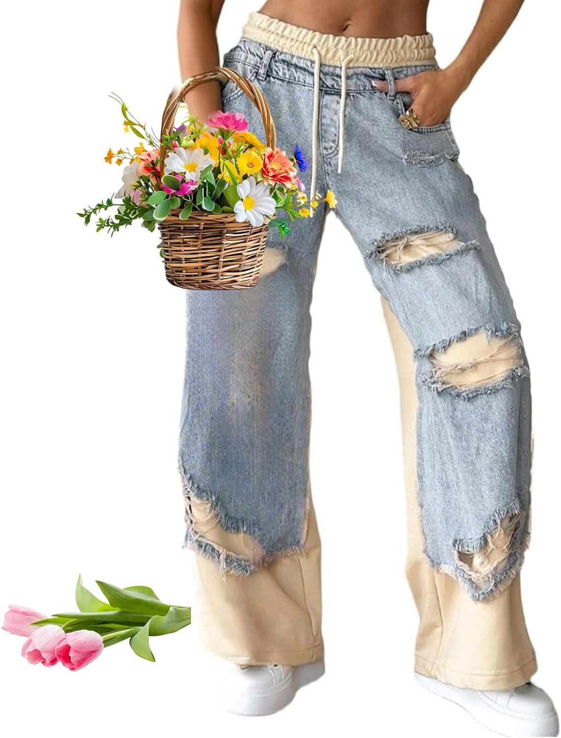 Women's Denim Trousers with Stitching and Ripped Design, High Waisted Cute Drawstring Ripped Patchwork Jeans