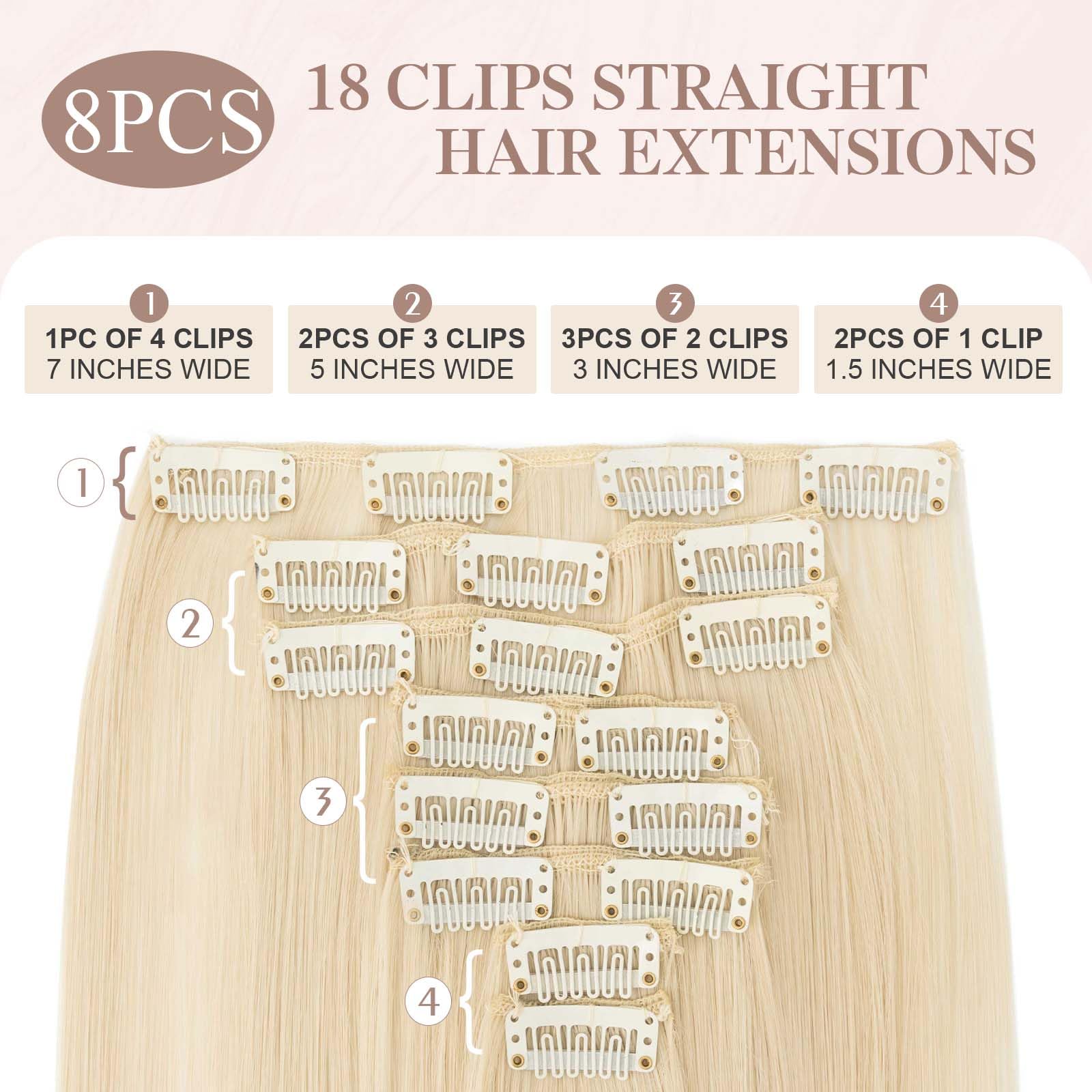 SEGOHAIR Hair Extensions Clip in 8Pcs 18 Clips Synthetic Fiber Seamless 26" Long Straight Full Head - Bleach Blonde - Image 2
