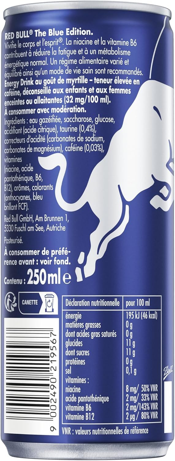 Red Bull, Boisson énergisante, Goût Myrtille 4x250ml (6 packs de 4x250ml - 24 canettes)