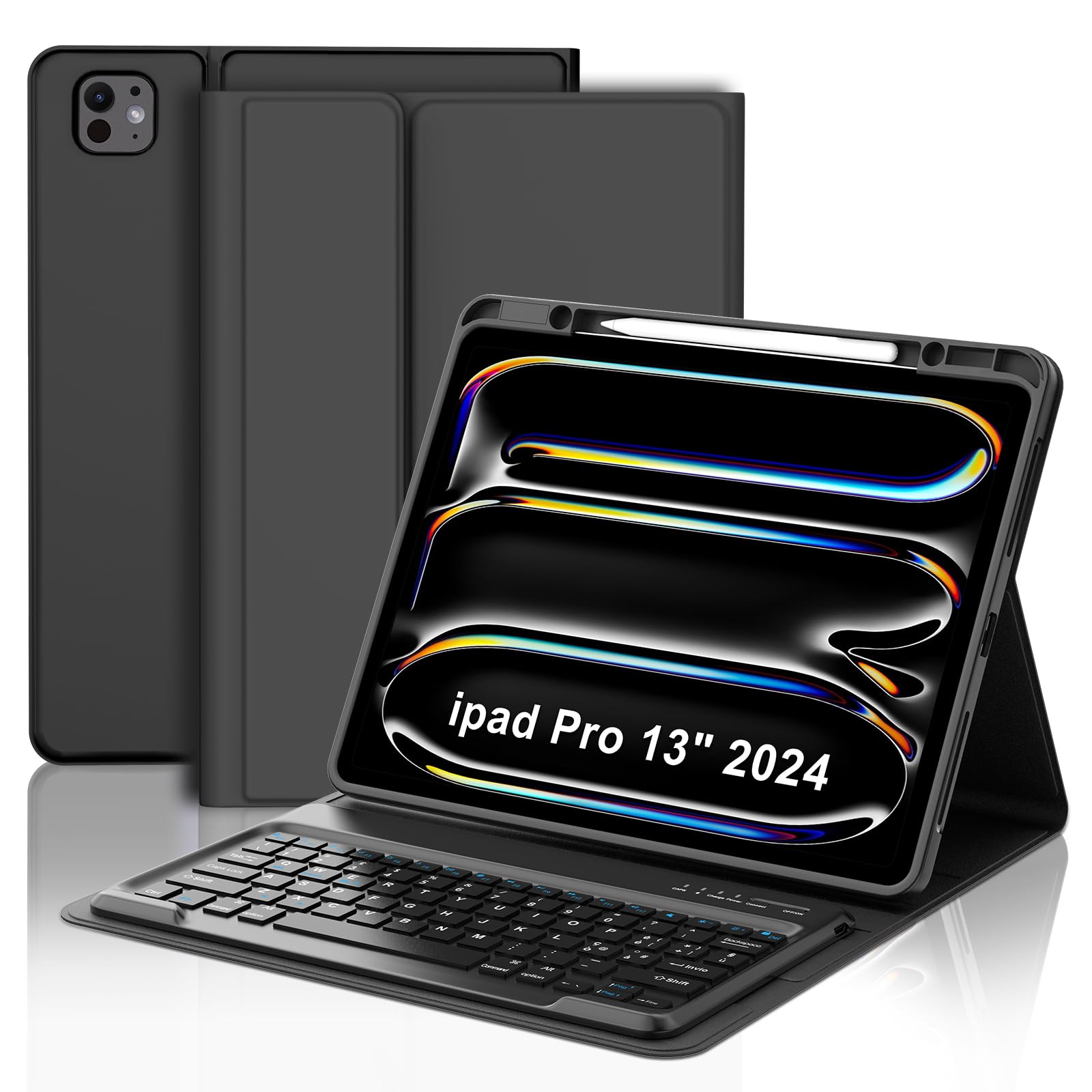 Custodia Con Tastiera Bluetooth Per IPad Pro 13 M4 (2024) – Modelli A2925/A3007/A2926 – Copertura Nera Con Supporto Regolabile E Portapenne