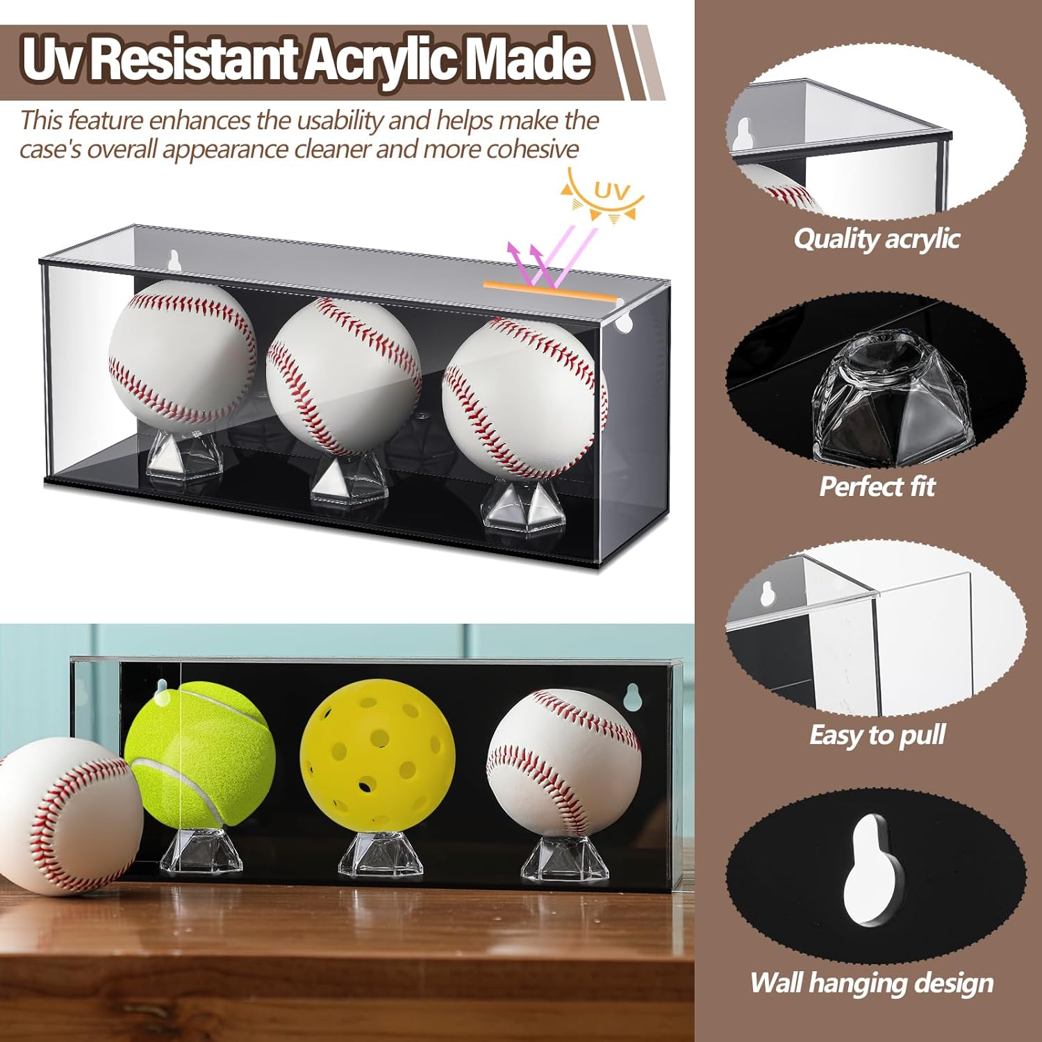 Lineshading Baseball Golf Ball Display Case for 3 Balls UV Protected Acrylic Boxes for Display Ball Cube Memorabilia Showcase Autograph (Black, 11.4 x 4.3 x 3.15 Inch)