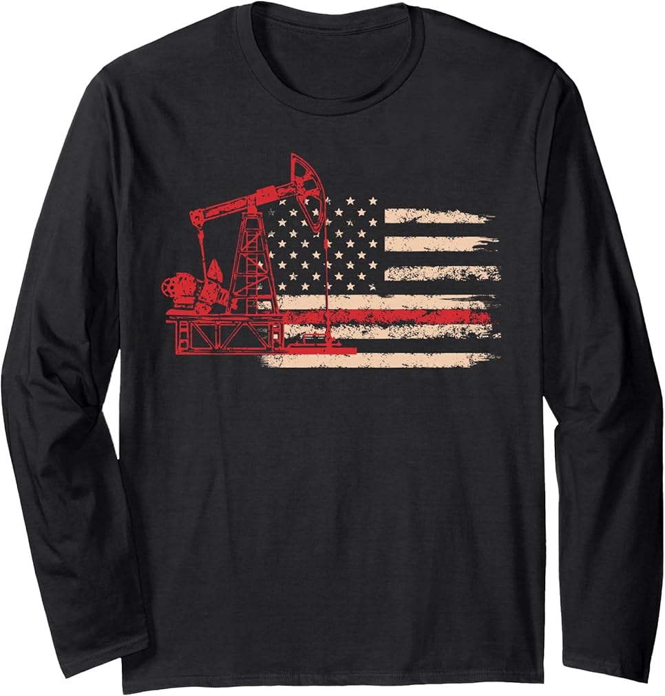 Oil Drilling Rig American Flag Roughneck Oilfield Pump Man Long Sleeve T-Shirt