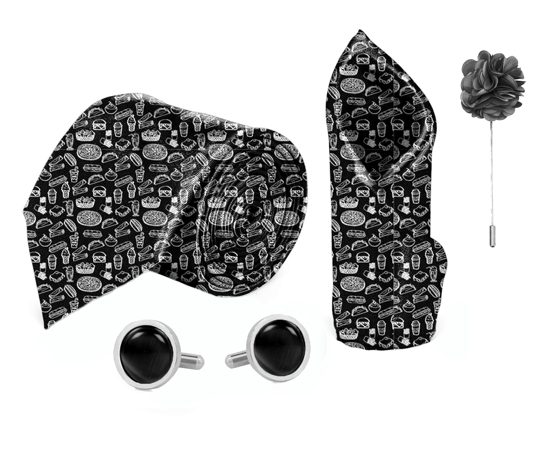 blacksmith Black Pizza Pasta Printed Tie, Pocket Square, cufflink & Lapel Pin Set for Men-picture-34