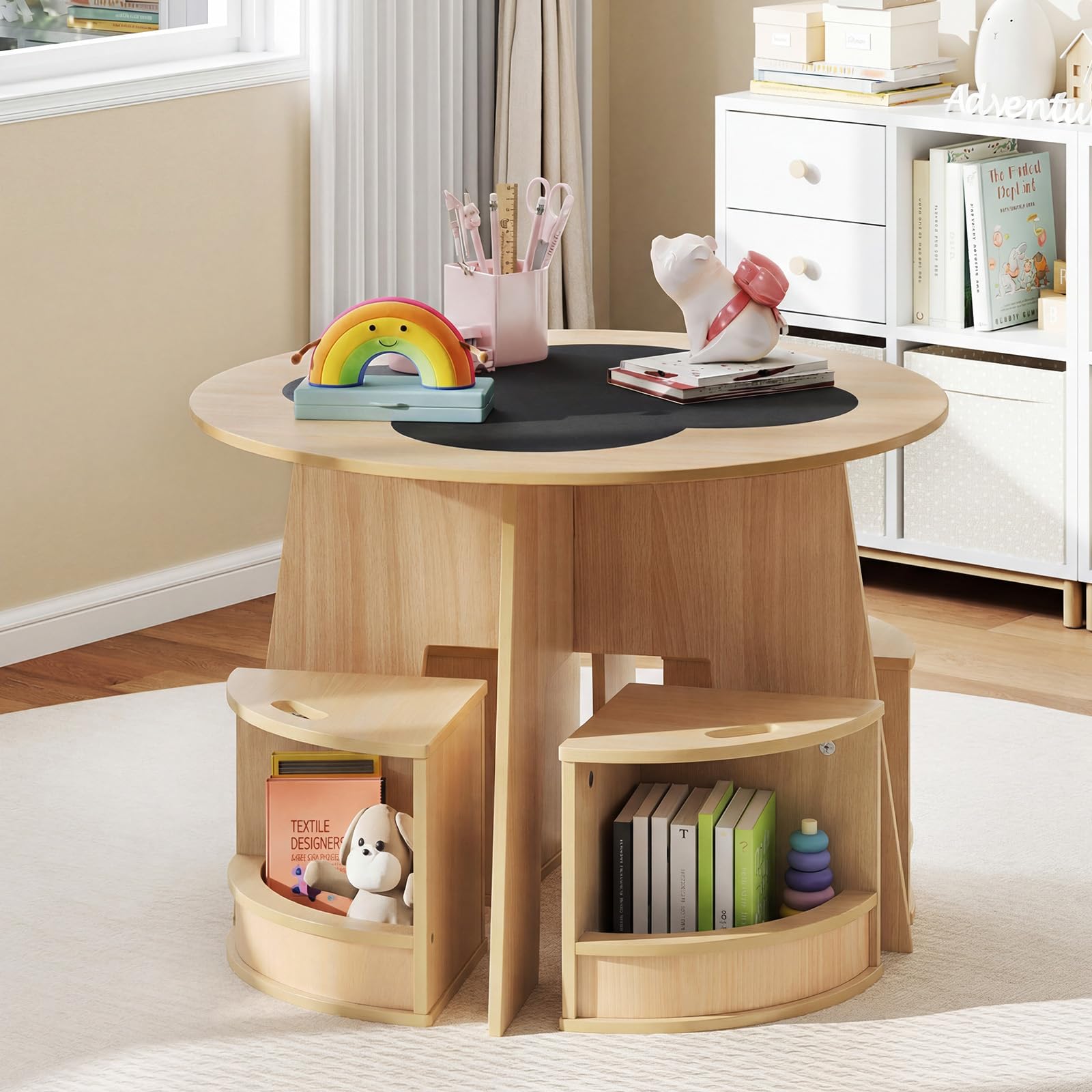 FANTASK 5-TLG. Kindertisch Stuhl Set Rund, Holztisch mit 4 Stauraumhockern, Maltisch für Kinderzimmer, Sitzgruppe ab 3 Jahren (Natur)
