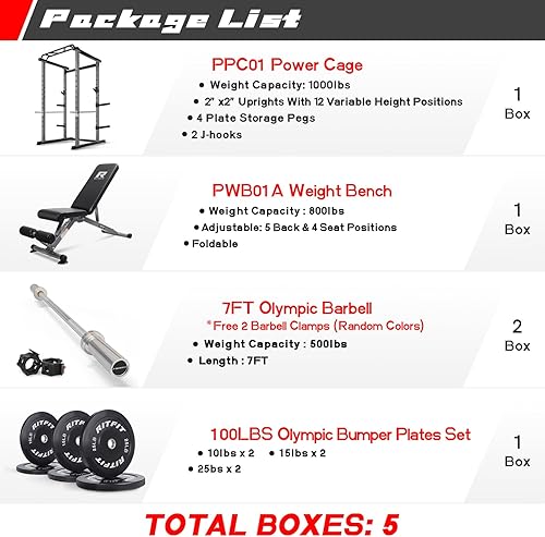 Miniatura 2 de RitFit PC-410 - Jaula de potencia de 1000 libras de capacidad y paquetes con estante de potencia básico opcional, banco de pesas, juego de pesas con