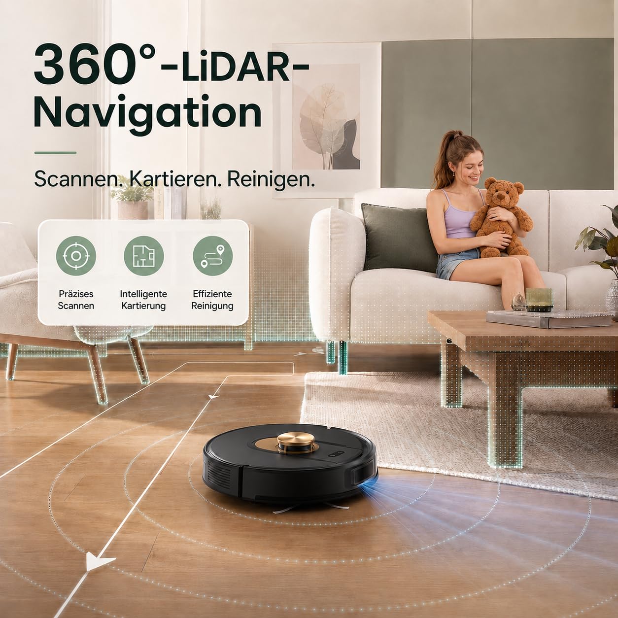 Vexilar Saugroboter mit Wischfunktion, 8000Pa & 180 Min Laufzeit Staubsauger Roboter mit LiDAR Lasernavigation & No-Go-Zonen, App/Alexa/iWatch Steuerung, Ideal für Tierhaare Teppiche (Schwarz)