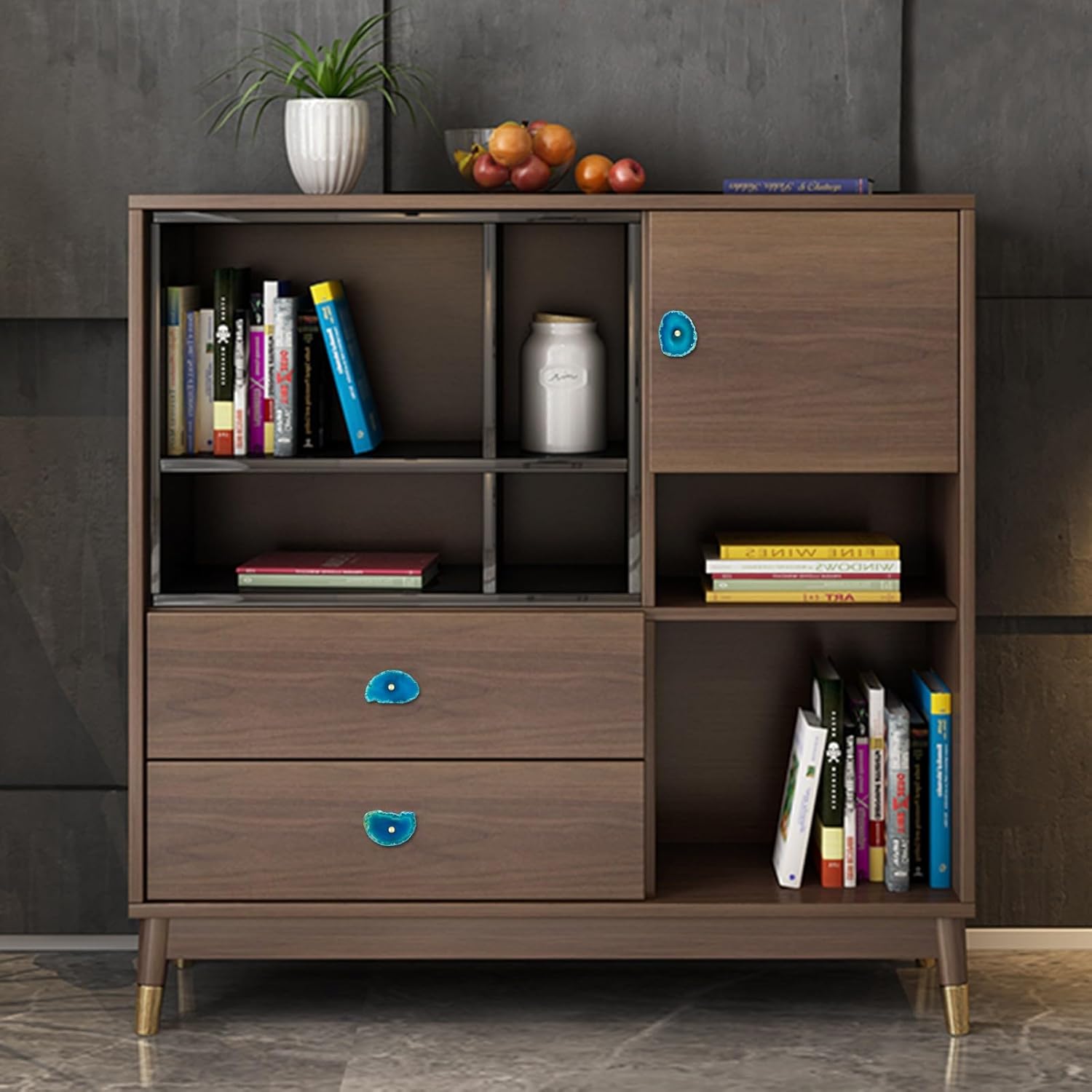 TUMBEELLUWA Natural Blue Agate Slice Cabinet Knobs, Set of 4 Decorative Drawer Pull Handles for Dresser Wardrobe Cupboard