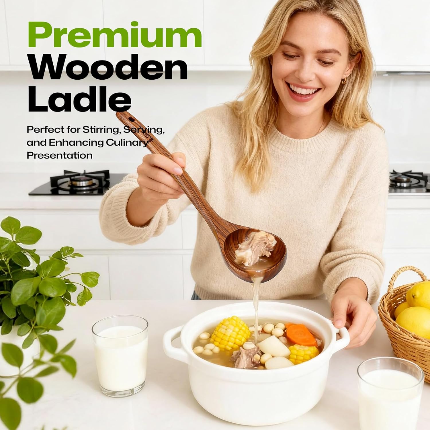 AIUHI 12.6″ Larger Wooden Ladle for Cooking, Long Handle Soup Spoon, Durable & Non-stick Teak Wood Ladle Spoon - Image 6