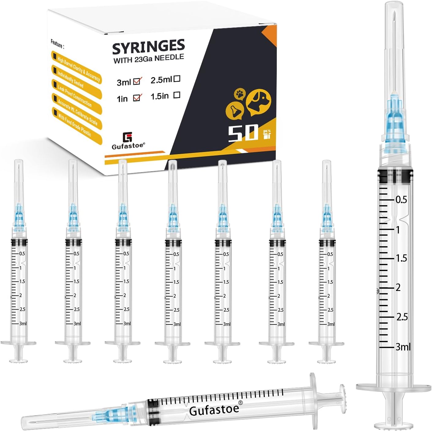50Pack 3ml/cc with 23 Ga 1” Safety Individually Wrapped