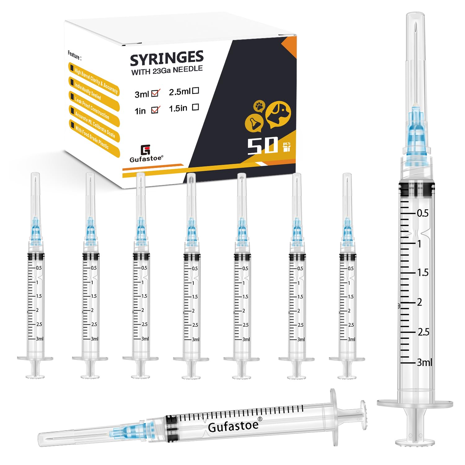 50Pack 3ml/cc with 23 Ga 1” Safety Individually Wrapped