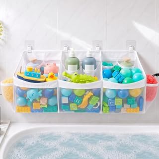 Criusia Extra Large Bath Container Set, 3-Compartment Hanging Bath Toy Storage with Multiple Pockets