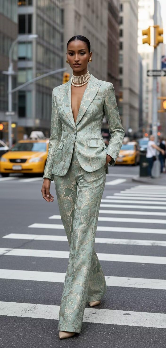 Floral Satin 2 Piece Suits for Women Dressy Womens Suit Elegant Peak Lapel 1 Button Suits for Wedding Guest