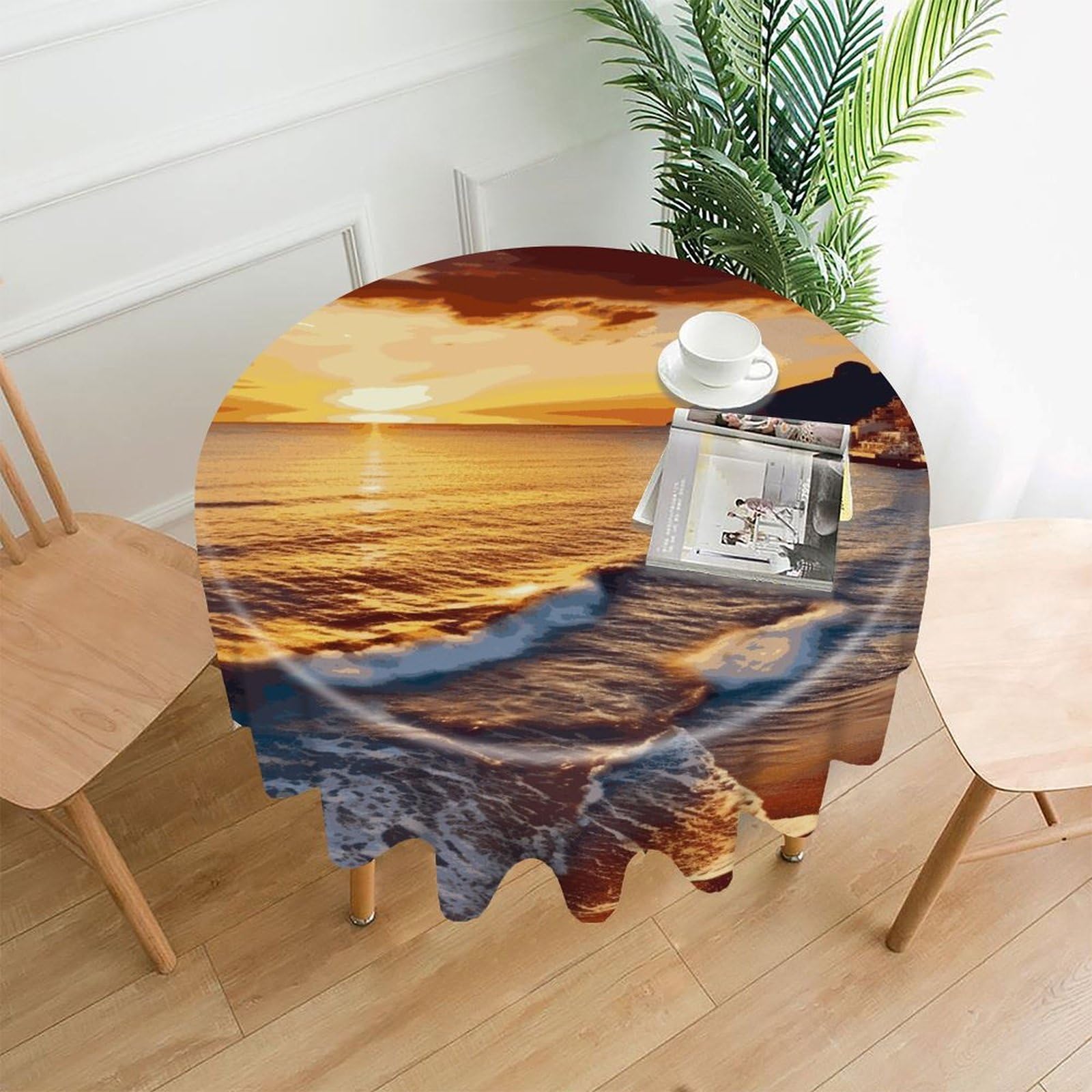FekiLoot Seaside Sunset Round Tablecloth Cover 60 Inch Wrinkle Free Washable Polyester Fabric Table Cover Decorative Round Table Cloth for Home Dining Kitchen Party Farmhouse