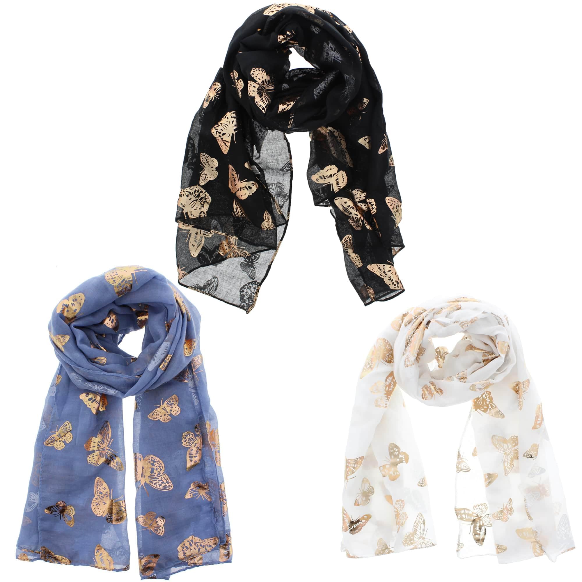 Zac's Alter Ego Women's Multicolor Set Of 3 Lightweight Gold Foil Butterfly Print Scarves