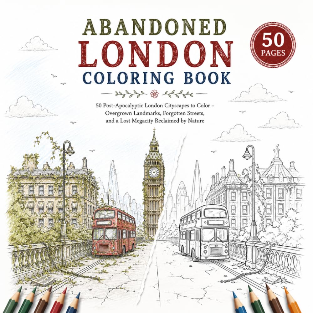 Abandoned London Coloring Book: 50 Post-Apocalyptic London Cityscapes to Color – Overgrown Landmarks, Forgotten Streets, and a Lost Megacity Reclaimed by Nature