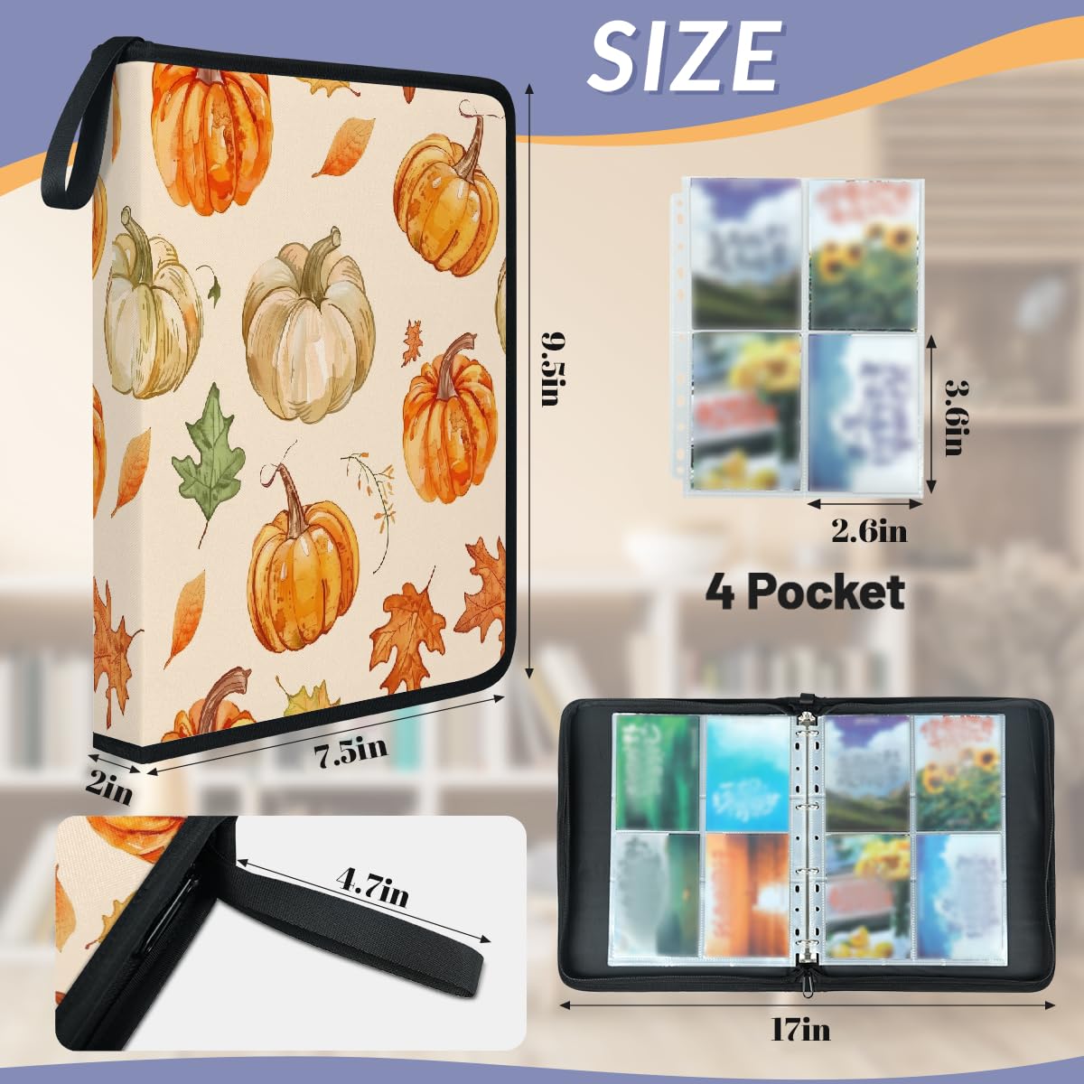 Raccoglitore per carte collezionabili con 4 tasche autunnali con foglie di zucca autunnali, raccoglitore per carte autunnali, per il Ringraziamento, con maniche rimovibili, impermeabile, con cerniera