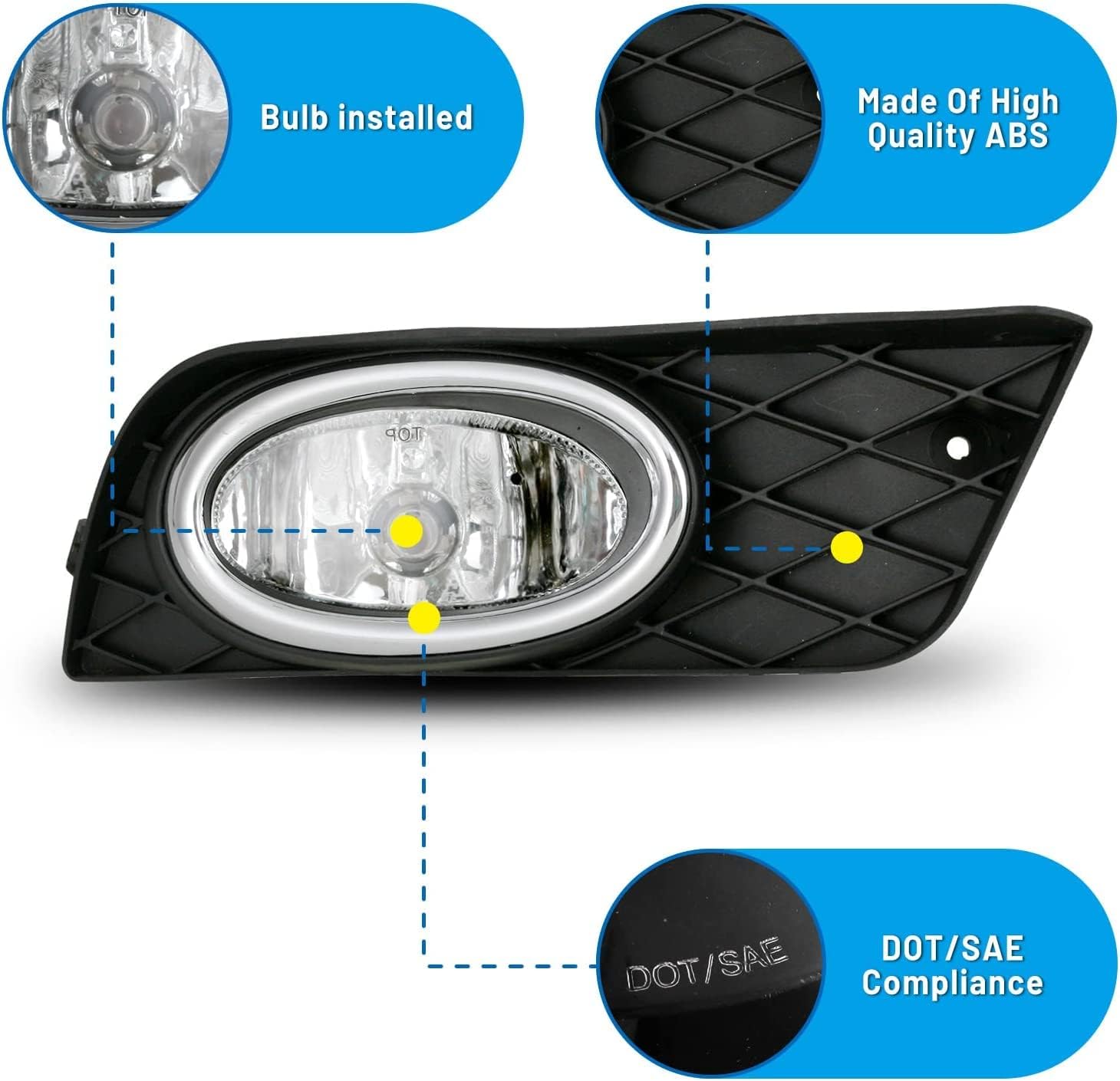 Winjet Fog Light OEM Series for 2012 Honda Civic 4 Door Sedan Driving Fog Lamps Replacement with H11 12V 55W Halogen Bulbs Black Housing Clear Lens