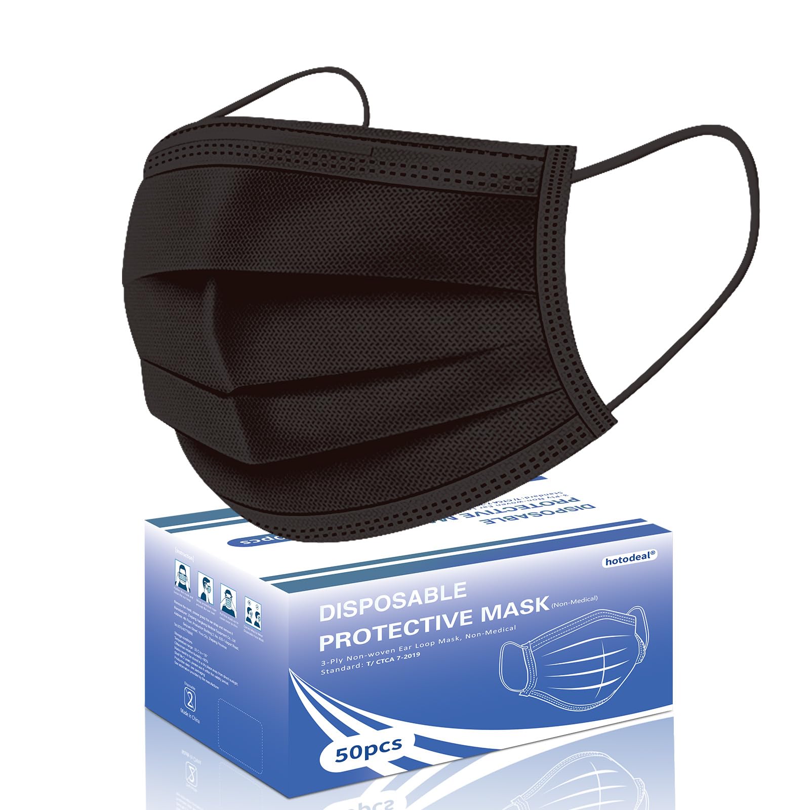 Hotodeal Disposable Face Masks, Lightweight Breathable Facial Masks for Adult, Men, Women, Indoor, Outdoor Use 50 Pcs (Black)
