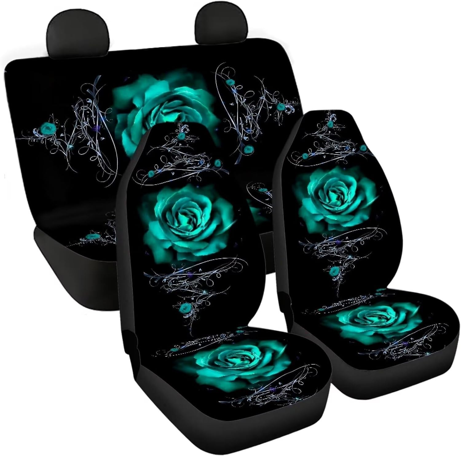 Howilath Teal Green Rose 4 Pieces Car Seat Covers Full Set Universal Fit for Most Car Trucks Suvs Interior Auto Accessories