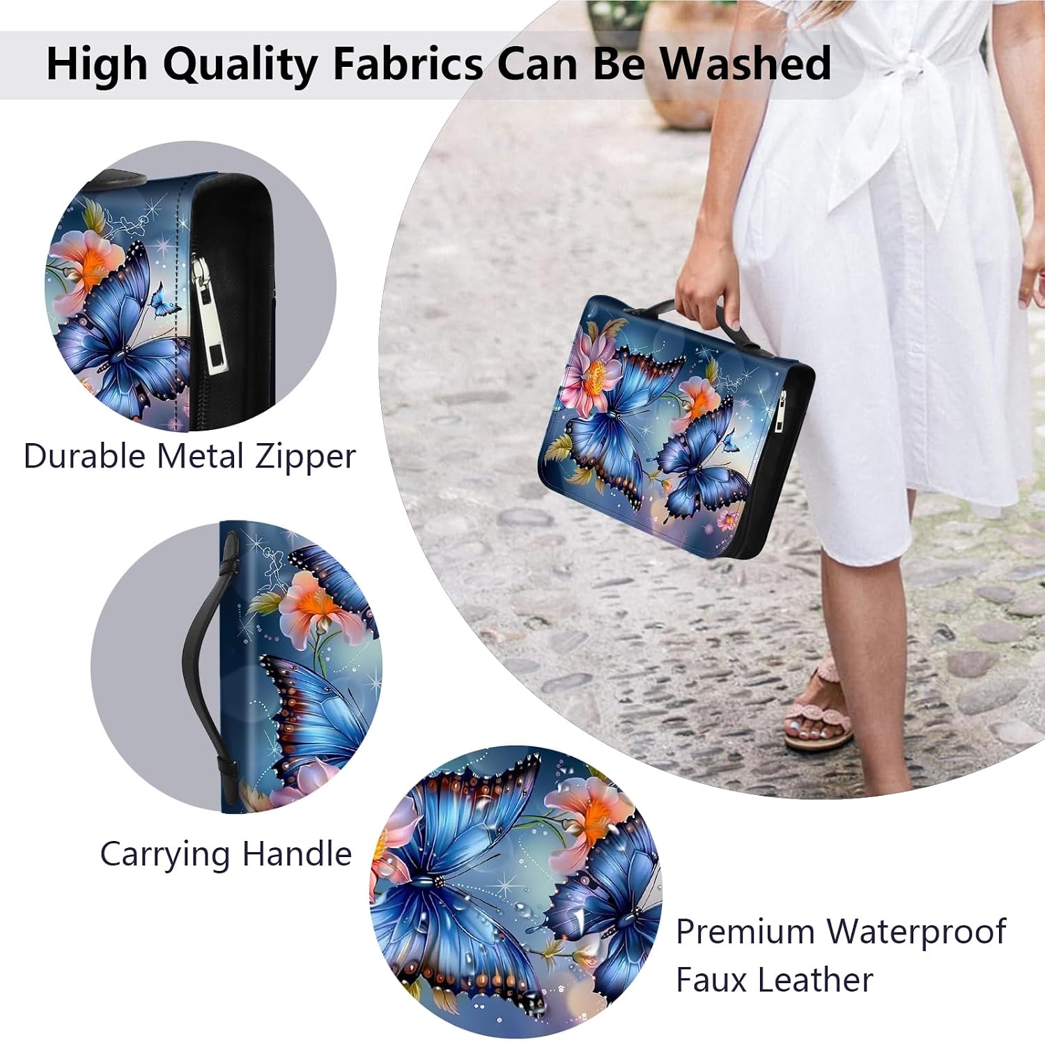 Blue Butterfly Bible Covers for Women Men,Bible Holder,Leather Bible Case for Women with Pockets | Bible Book Cover Gifts