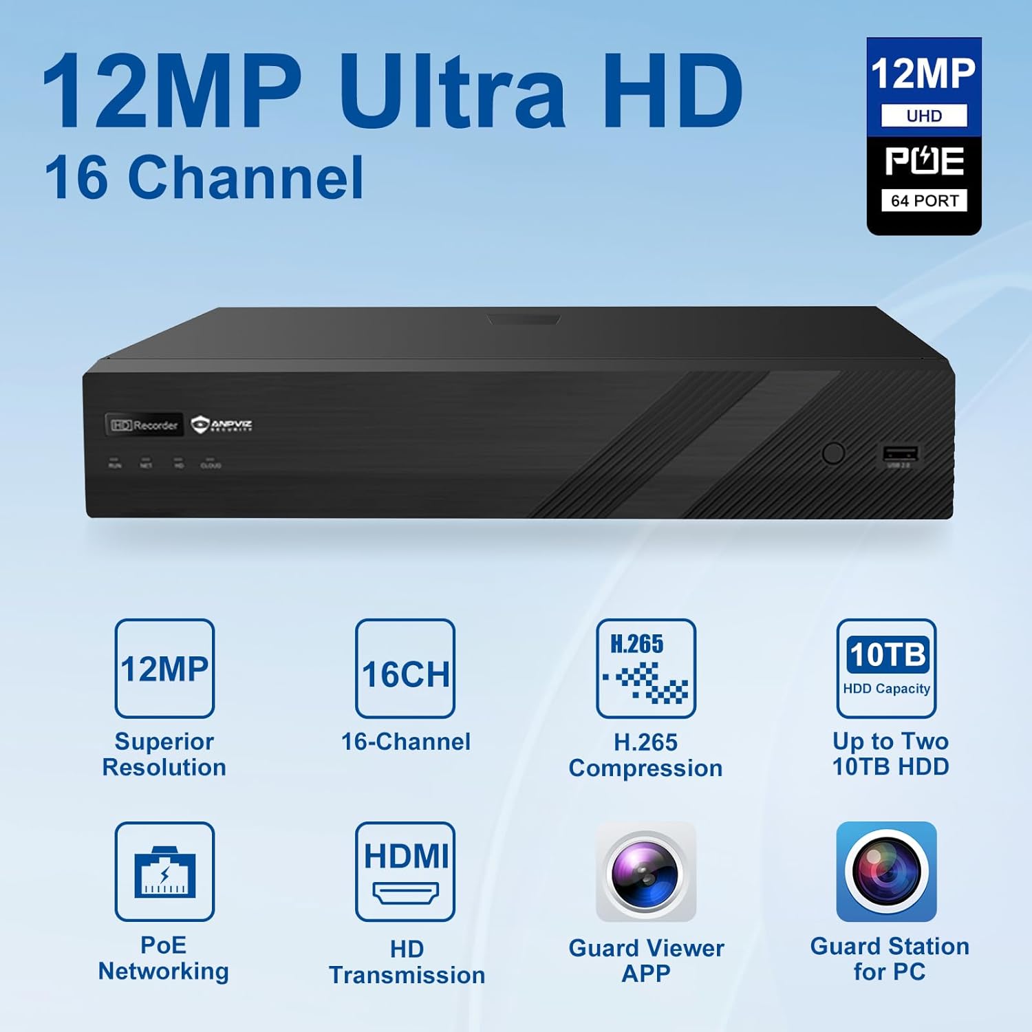 Anpviz 12MP 16 Channel POE NVR IP Security Video Audio Recorder Pre-Installed 4TB HDD, Only Plug & Play with Anpviz Cameras, Support 12MP/8MP/6MP/5MP/4MP/3MP IP PoE Camera for Business, NDAA
