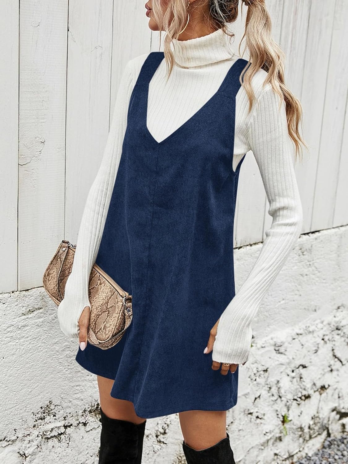 Koinshha Women V Neck Corduroy Overall Dress Casual Loose Short Pinafore Dresses Cute Mini Jumper Dress - Image 2