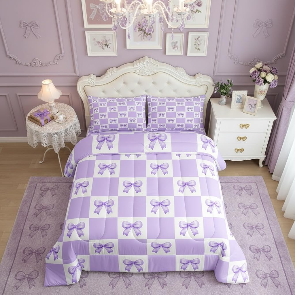 Manfei Princess Bowknot Comforter Set Twin Size,Dreamy Purple Bow-tie Girly Bow Bedding Set 2 Pcs for Boys Girls,Geometric Grids Plaids Patchwork Down Comforter,Purple White,1 Pillowcase