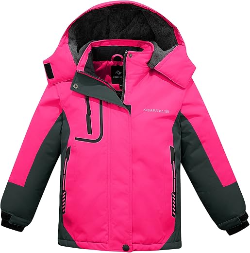 FARVALUE Girls Waterproof Skiing Jacket Windproof Winter Coat Warm Snow Coat Outdoor Raincoats with Removable Hood Rose Red 8