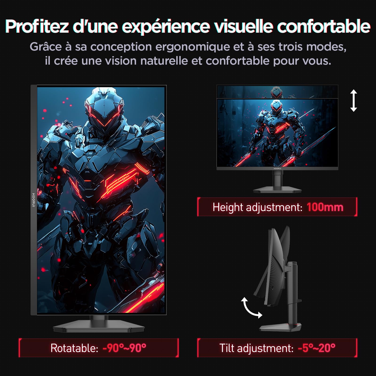 KOORUI G2722P Ecran PC Gamer 27 Pouces 200Hz, Fast IPS, QHD 1440P Ecran Gaming, 1ms, HDR 400, Adaptive Sync, VESA 75x75mm, HDMI 2.0/DP1.4,Réglage en Hauteur