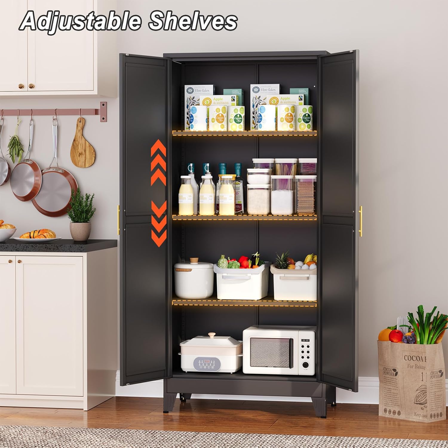 Interior of the cabinet showing adjustable shelves with arrows indicating movement