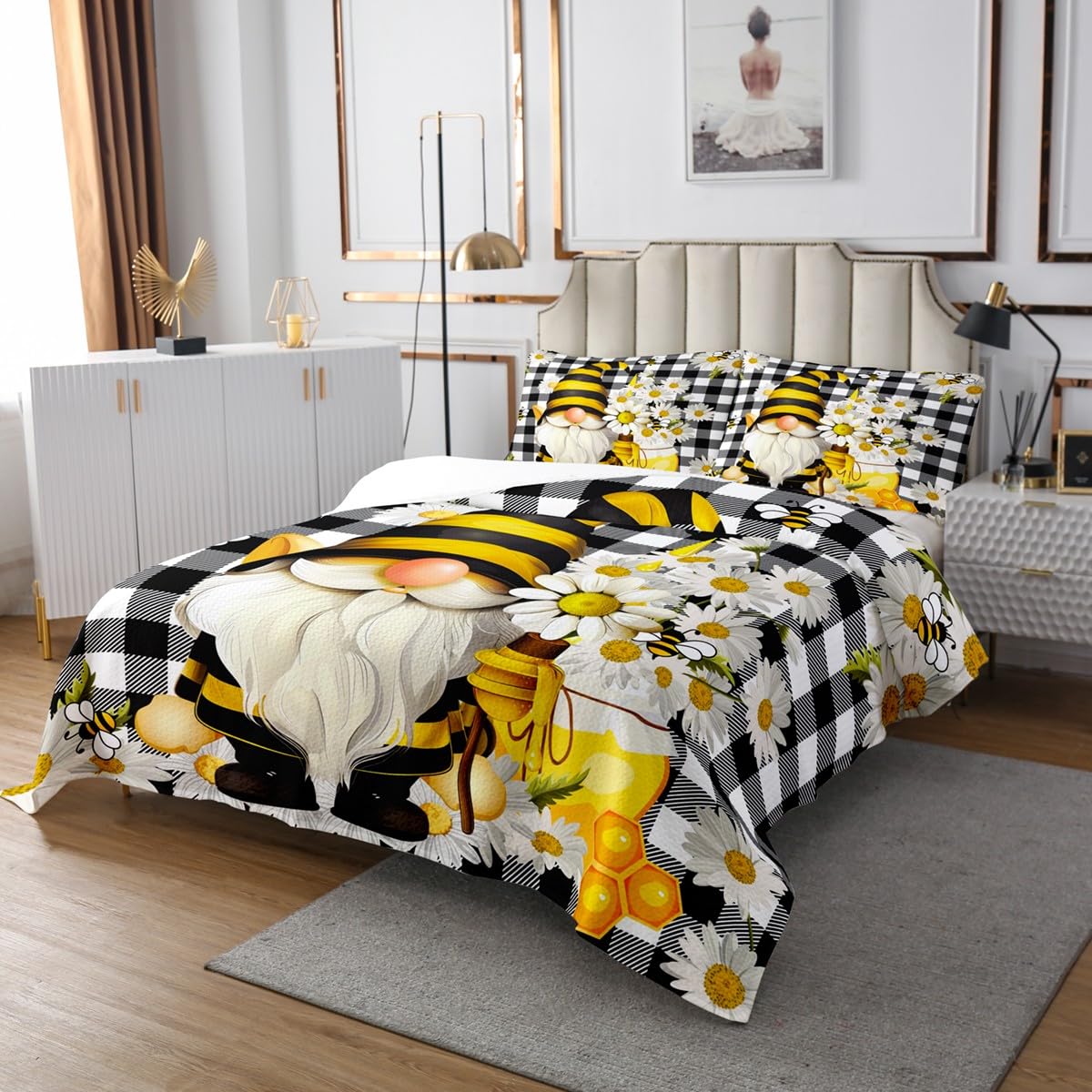 Castle Fairy Daisy Gnomes Bedspread King Size Black White Grid Bedding Set 3pcs for Kids Girls Boys Teens Home Decor Bee Flowers Spring Style Comforter Set Plants Nature Quilt Set,2 Pillowcases