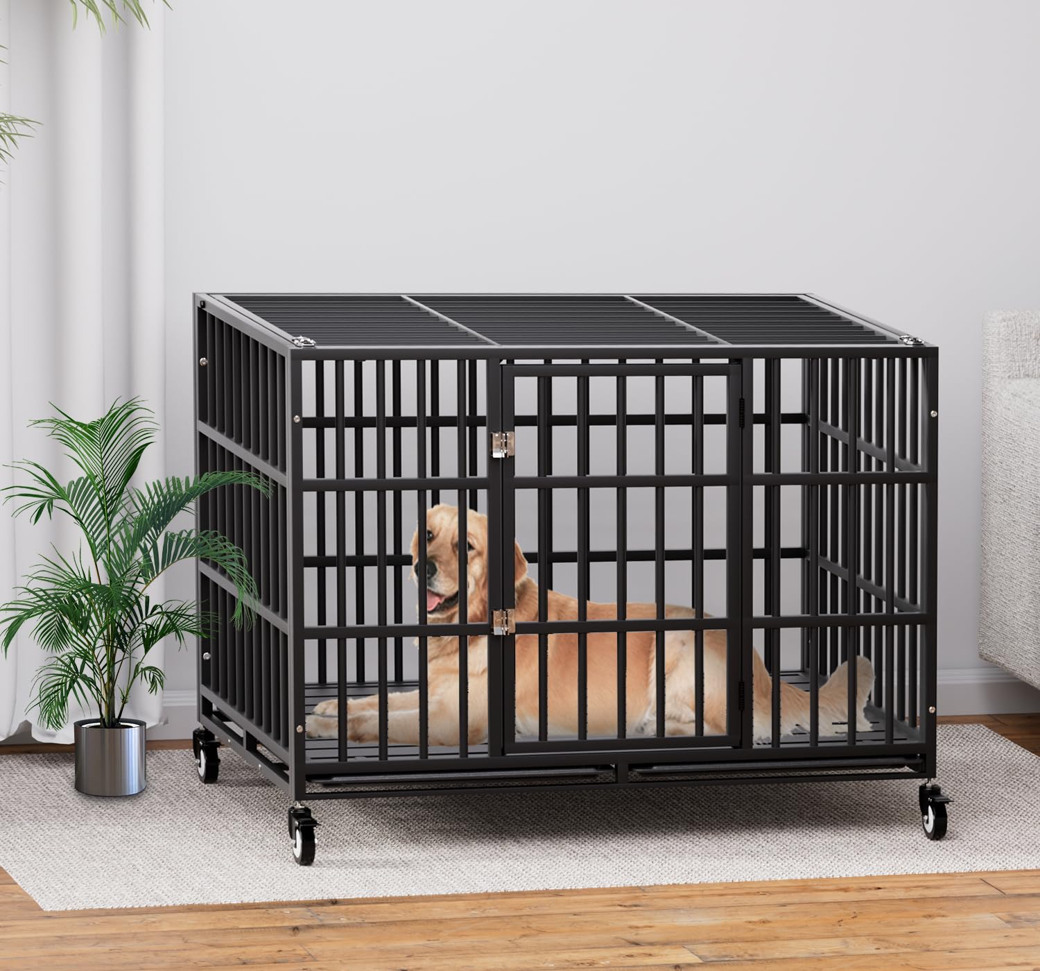 HMHTCT 48 Inch Heavy Duty Dog Crate with Wheels,Indestructible Escape-Proof Dog Kennel with Locking Latch and Double Door,Extra Large XL XXL Crate Indoor for Large and Medium Dog with Removable Tray - image 7