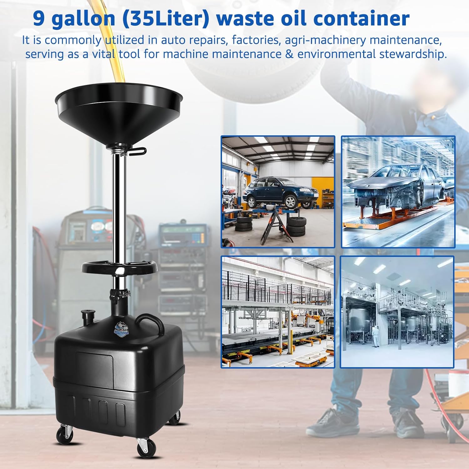 HKTE 9-Gallon Waste Oil Drainer, Adjustable Height (27"–68") with Spring Clamp, 17" Funnel, Mobile Oil Drain Pan with Heavy-Duty Casters, Tool Tray, Oil Filtration Screen, for Cars, Trucks, SUVs