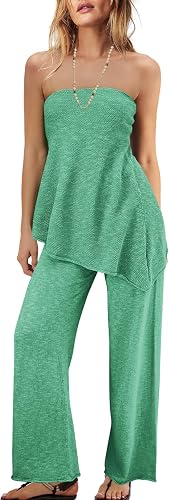 Panadila Womens Summer Matching Set 2 Piece Tube Top and Pants Green XS