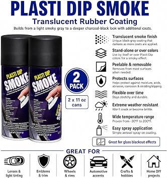 Plasti Dip Smoke 11 oz Spray 2 Pack, Translucent Black-Gray Rubber Coating, Peelable Flexible Protective Finish for Light Tinting, Glass Blackout, Wheels, Trim & DIY Projects