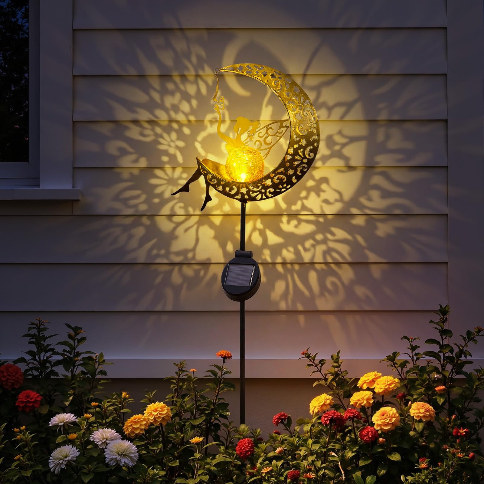 Warmiehomy Solar Lights Outdoor Garden Ornaments, Retro Metal Moon Fairy Lights with Stars & Butterfly, Waterproof Warm Dual Mode LED Solar Stake Lights for Yard Lawn Pathway Christmas Garden Gifts