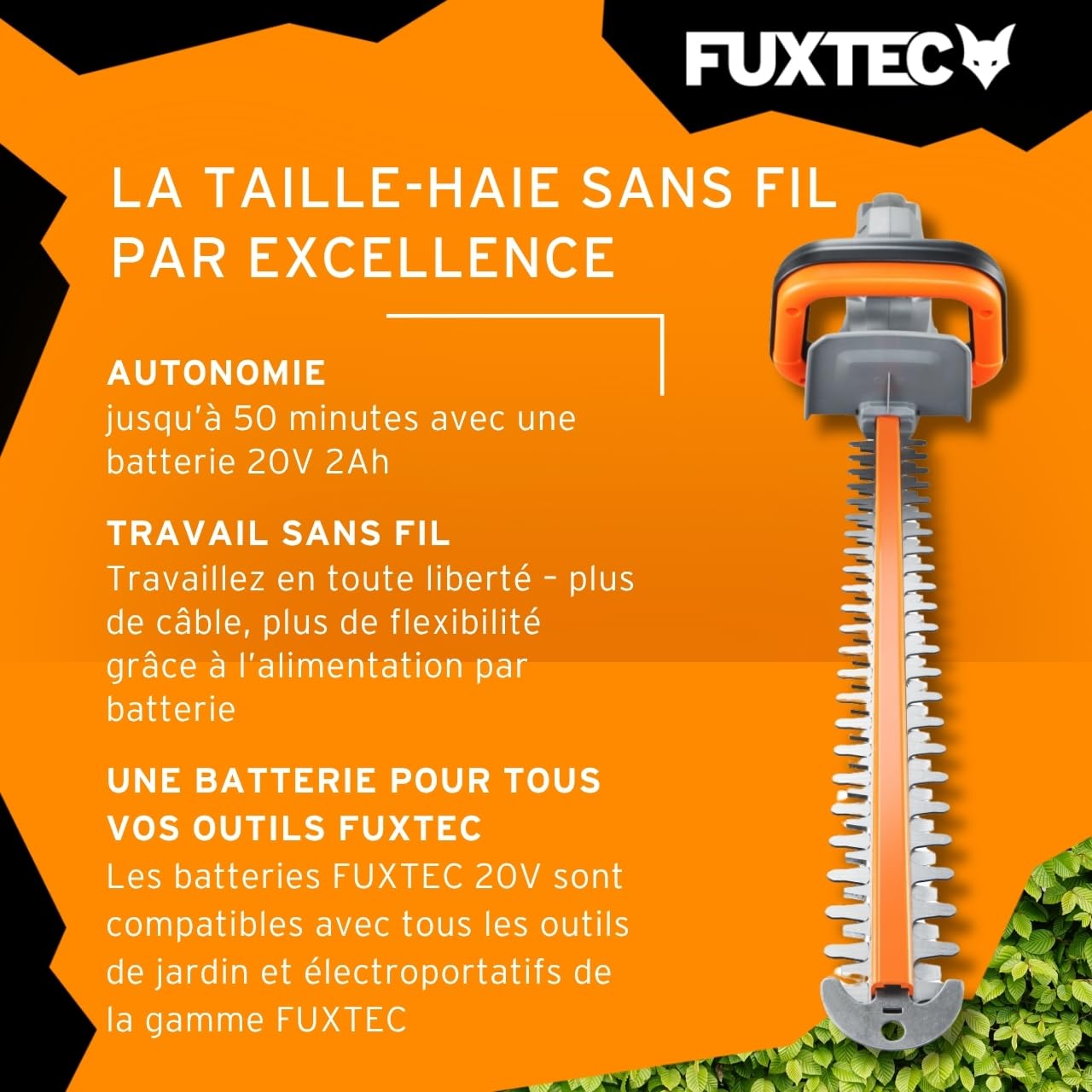 Taille-haie 20V avec Batterie FUXTEC FX-E1HS20 Taille-haie électrique avec Batterie Li-ION 2Ah et Chargeur 1A - Longueur de Coupe 52 cm