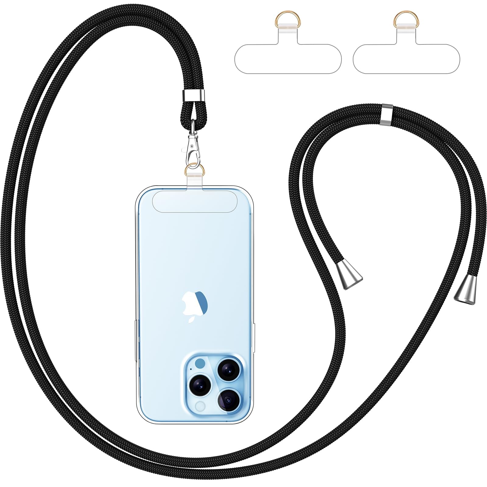 caslord Handyband Universal, Handy Lanyard mit 2 Stück Universelles Patch, Handyband mit Hülle kombinierbar, Einstellbar und Abnehmbar -Schwarz+Transparent