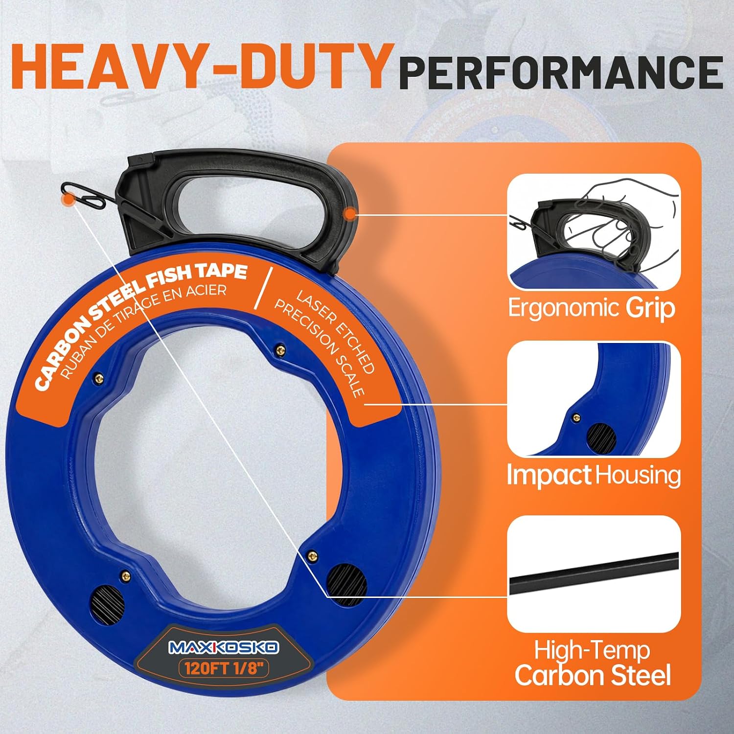 MAXKOSKO 120FT Upgraded Carbon Steel Fish Tape with Precision Scale | 1/8" Wire Puller with Gloves, High-Strength & Rigid, Ergonomic Handle & Reinforced Loop, for Walls & Electrical Conduit