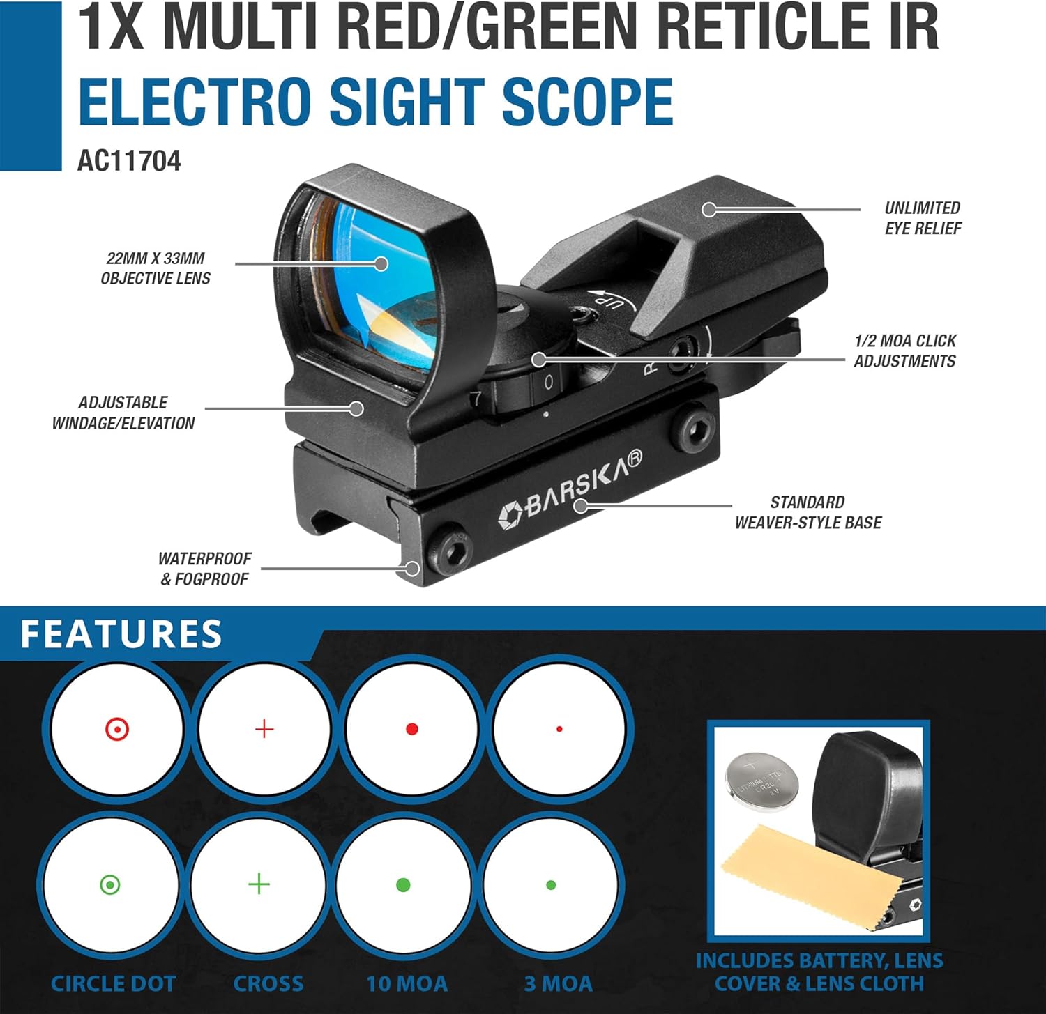BARSKA 1x Reflex Red Dot Sights – Multi-Reticle and Single-Dot Options with Illuminated Reticles, Quick-Release Mounts, and Unlimited Eye Relief