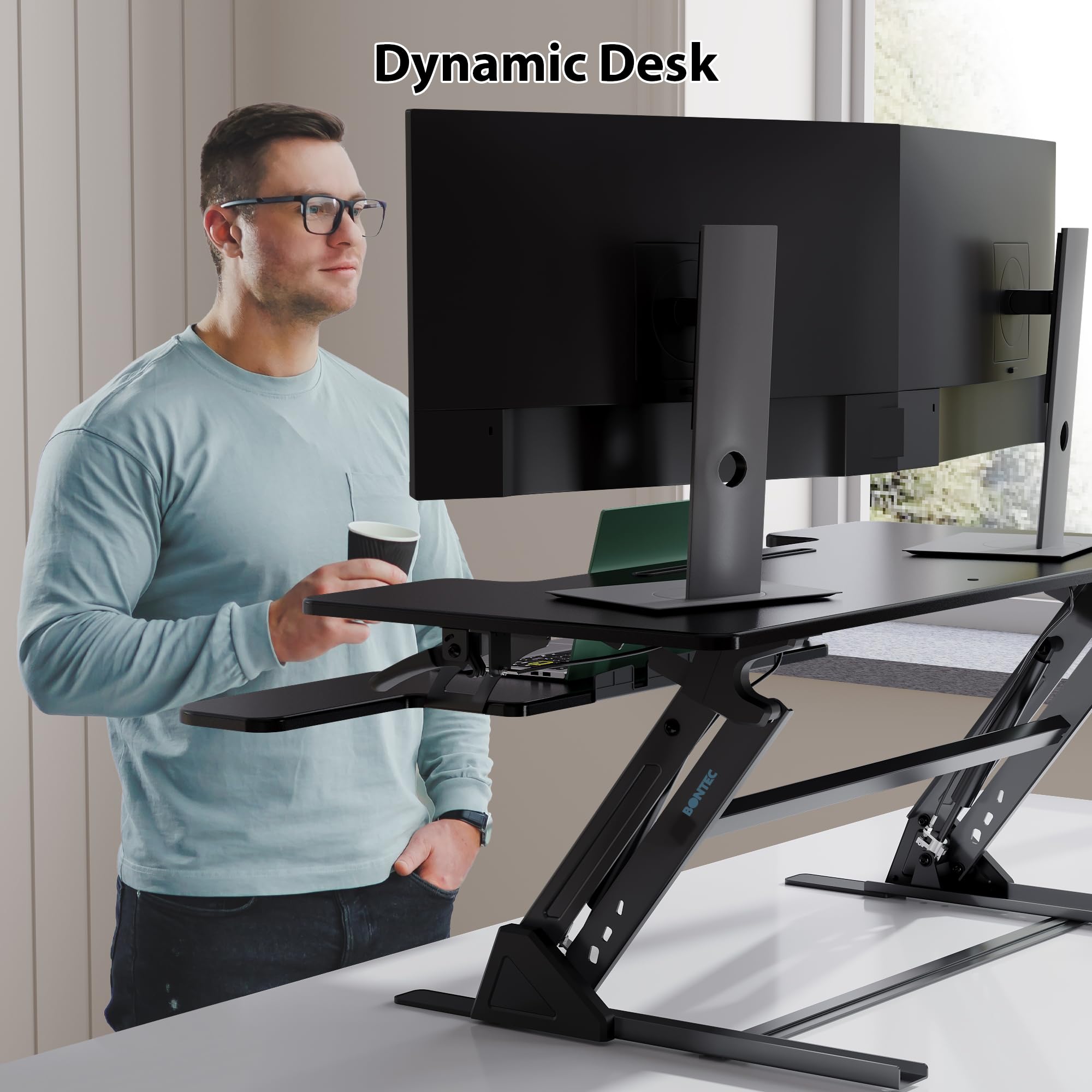 BONTEC Scrivania Regolabile in Altezza, Scrivania Stand-Up con Sistema a Molla Doppia, Riser per Scrivania per Monitor Doppio, 107cm x 52,2cm, Capacità 15kg, Facile da Assemblare, Design Salvaspazio