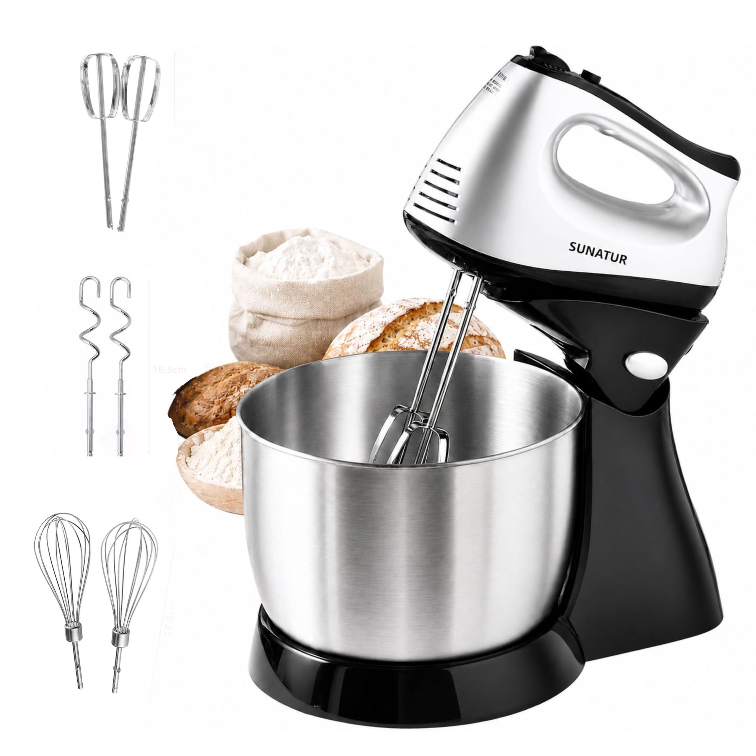 2-in-1 electric mixer with stand; mixes quickly and efficiently; 300W power; 5 speed settings; 3.5-liter capacity; ideal for home use and hobbyists
