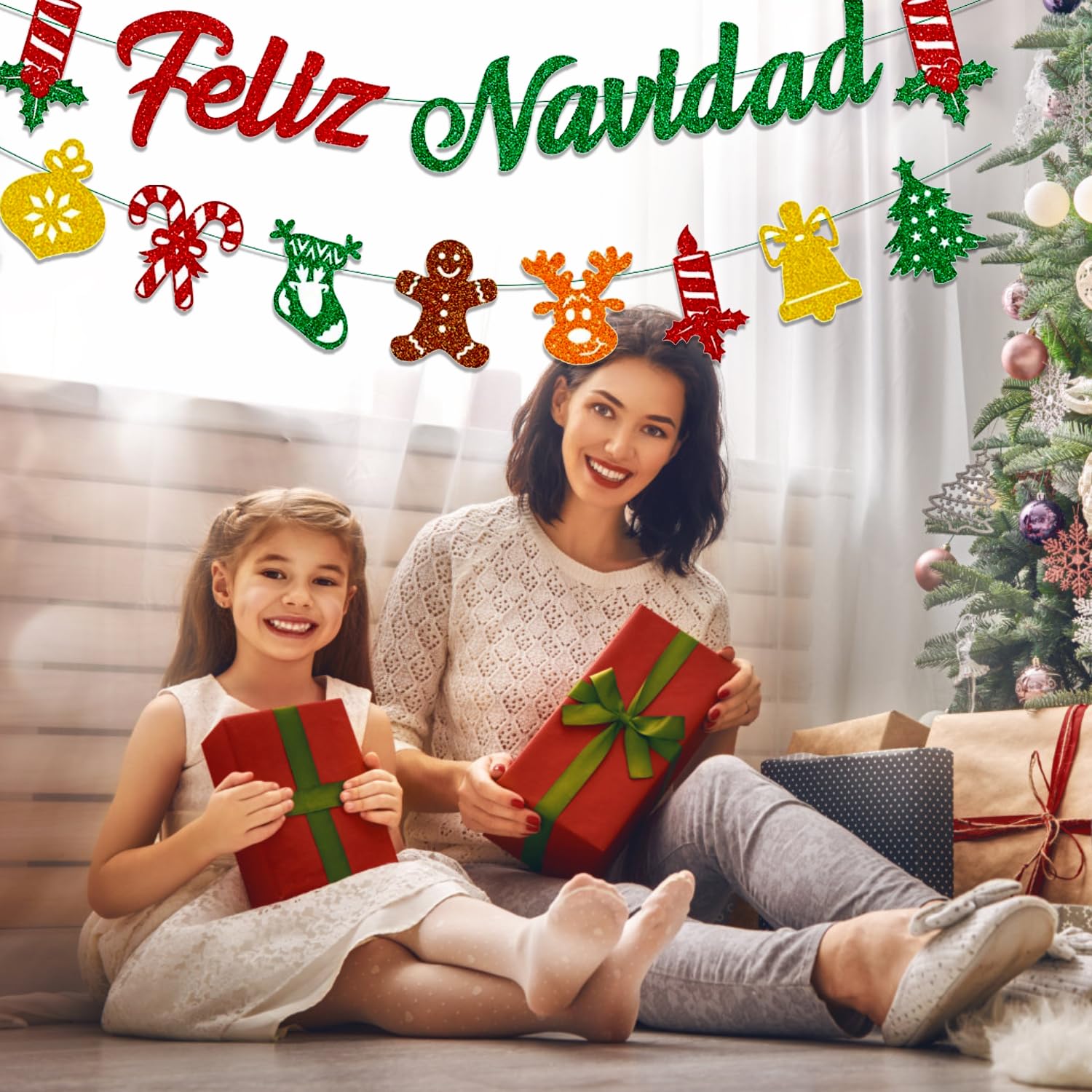 JUFYVO 2pcs Glitter Feliz Navidad Banner Spanish Christmas Banner Merry Christmas Bunting Banners Happy Holidays Decorations for Office Home Decor - Image 4