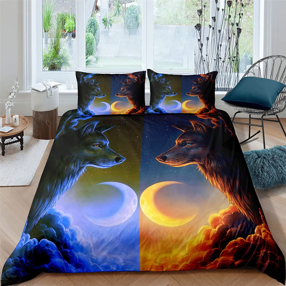 Fansu Boys Crescent Moon 3D Wild Wolf Duvet Cover With Pillow Case, Easy Care Duvet Cover Set For Double Single Super King Size, Polyester Bedding Set With Duvet Cover For Kids Girls (,135X200cm)