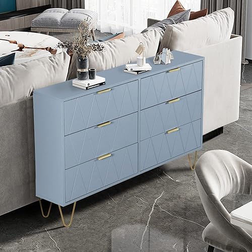 Miniatura 9 de Anbuy Cómoda azul de 6 cajones para dormitorio, cómoda doble grande con cajones anchos y asas doradas, cómoda moderna
