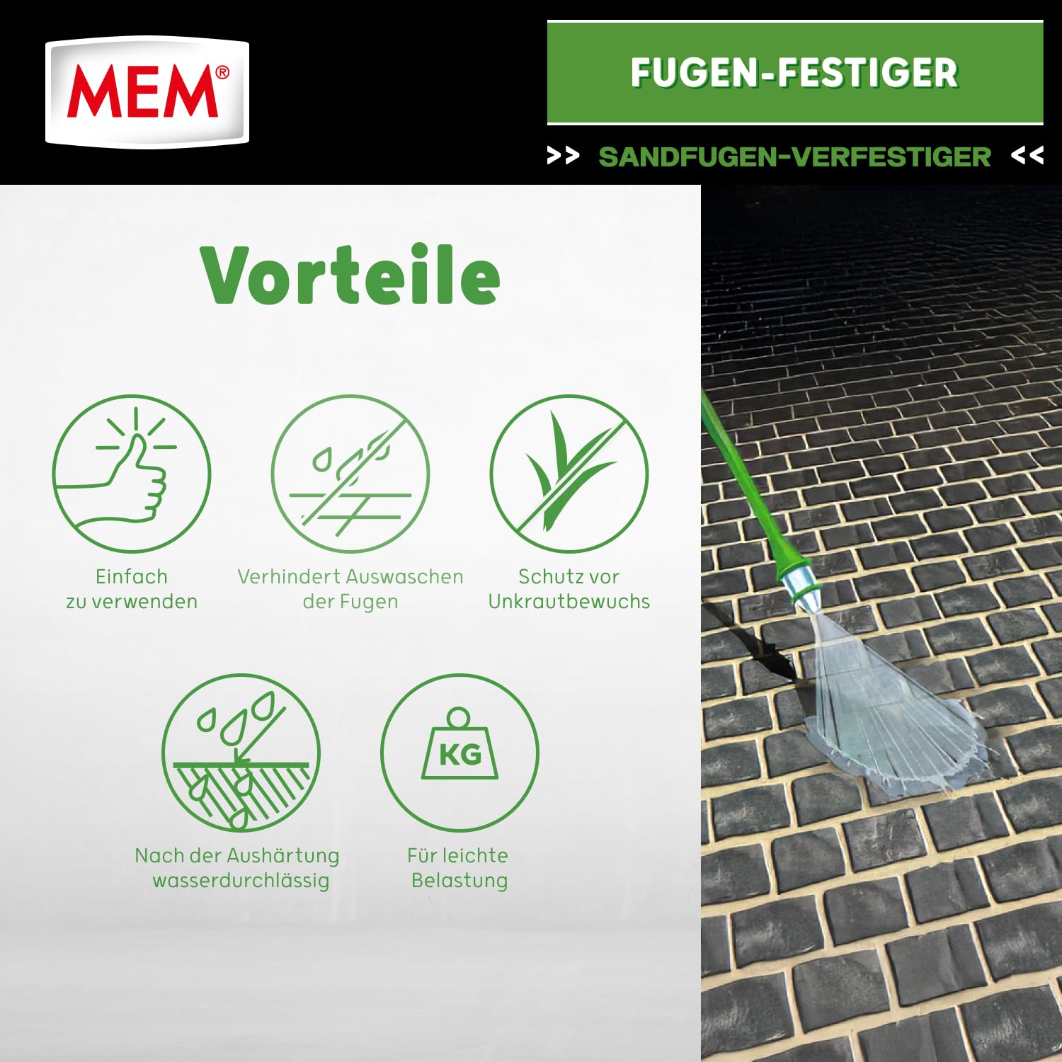 MEM Fugen-Festiger, Fugenabdichtung für Sandfugen, Pflaster & Terrasse, Für Risse & Fugenrisse, Unkrauthemmend, Wasserdurchlässig, Frostbeständig, Lösemittelfrei, Weiß (trocknet klar), 5 l Eimer
