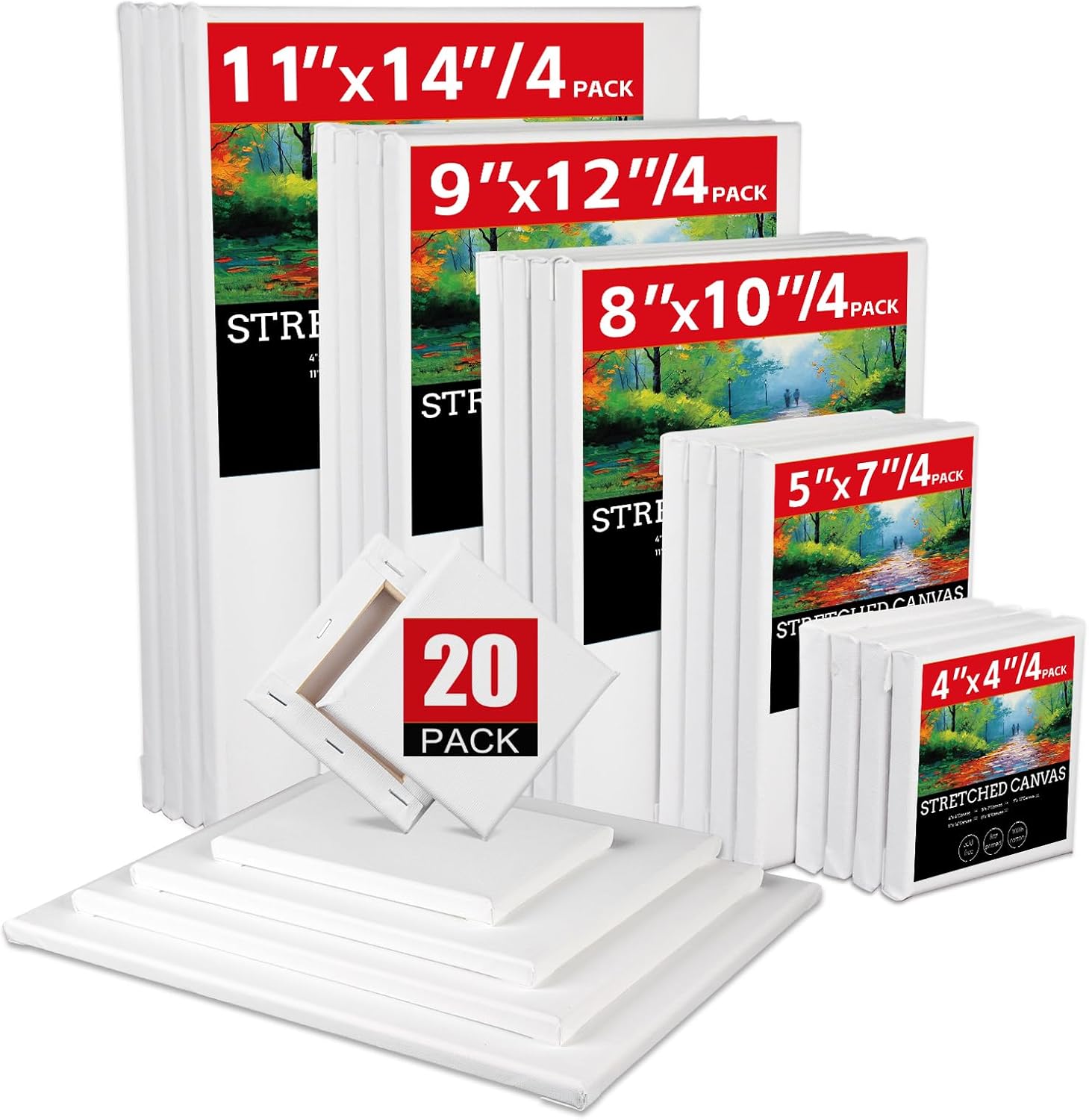 20 Pack Stretched Canvases for Painting with 4packs of 4x4, 5x7,8x10,9x12, 11x14 100% Cotton Blank Painting Canvas for Oil, Acrylic Paint & Other Painting Media