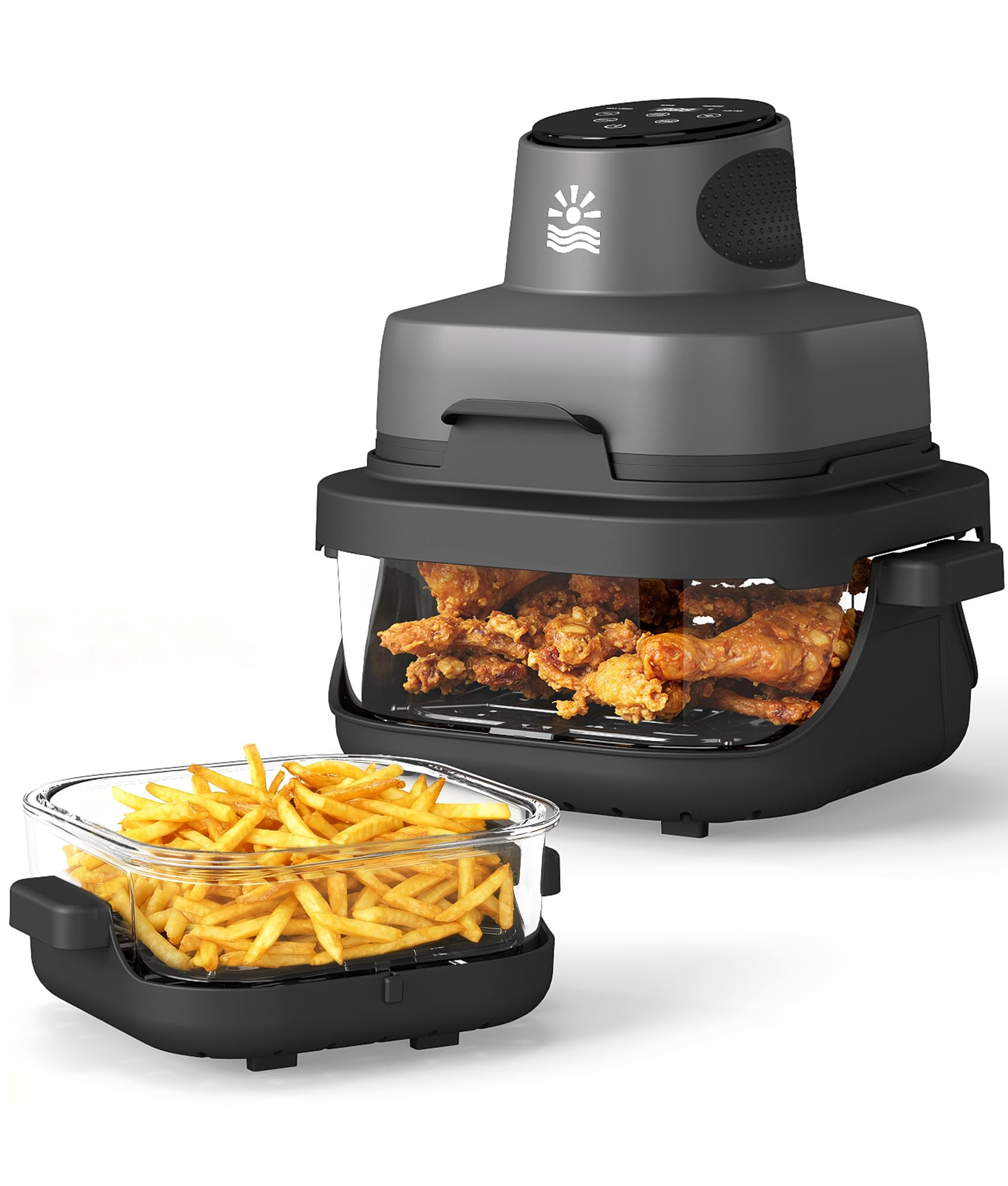 Rellytech 4-in-1 Portable Glass Air Fryer - 1500W, 4.2QT & 6 Cup Dual Containers, 140°F–400°F Temp Range, Microwave, Freezer & Dishwasher Safe