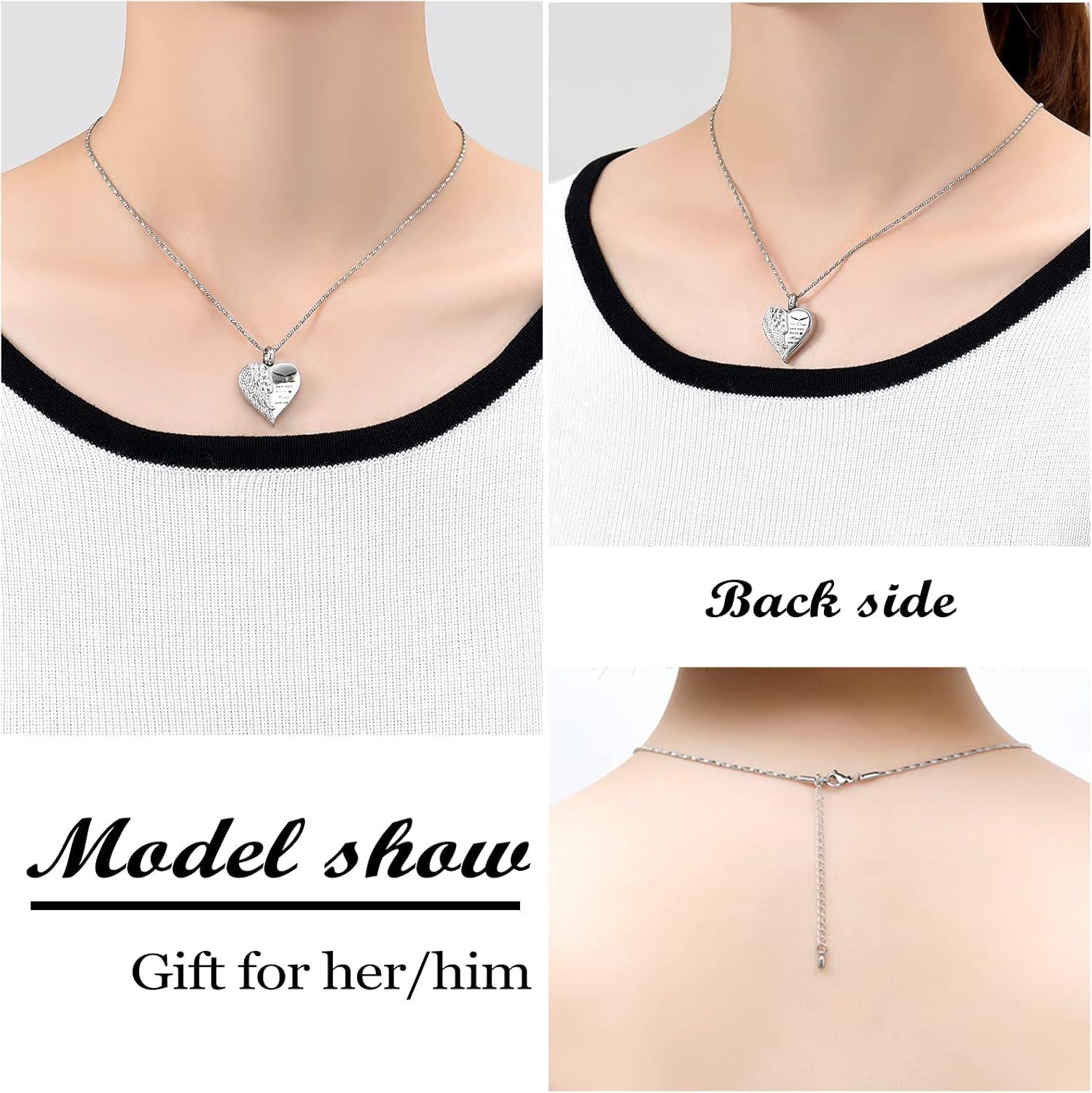 Yinplsmemory Love Heart Urn Necklace for Ashes Keepsake Memorial Cremation Jewelry Stainless Steel Angel Wing Heart Urn Locket Ashes Holder Memorial Urn Jewelry for Human/Pet Ashes - Image 5