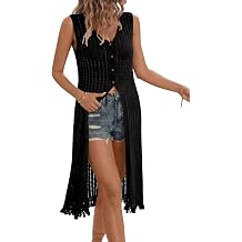 Allimy Women Summer Crochet Knit Vest Dress Button Wrap Beach Swimsuit Cover Ups Kimono Cardigans with Fringe